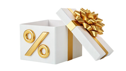 Unboxing massive savings with golden percentage sign on gift box for special deals and discounts