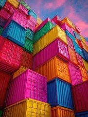Fototapeta premium Import Tariffs trade impact concept. Colorful shipping containers stacked in a vibrant pattern.