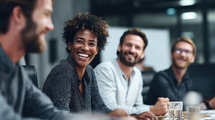 Group Of Happy Coworkers Discussing In Conference Room, no logos, no brands