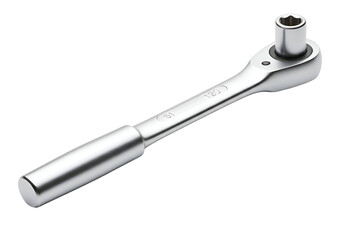 Close-up view of a chrome ratchet wrench.