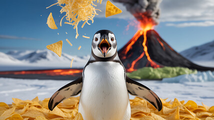 A playful penguin stands among a pile of tortilla chips, cheese flying overhead, with a volcano erupting in the snowy background, creating a striking contrast.