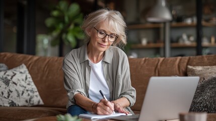 Obraz premium Happy stylish mature old woman remote working from home distance office on laptop taking notes. Smiling 60s middle aged business lady using computer watching webinar sit on couch writing in notebook.