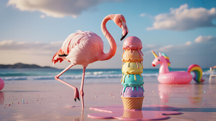 A flamingo stands on one leg near a stack of pastel ice cream cones melting on the sandy beach. In the background, a playful unicorn float sits in the vibrant water under a bright sky.