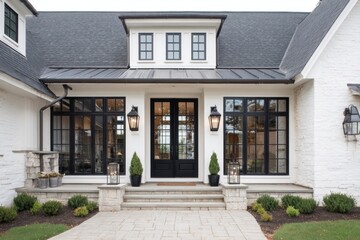 Fototapeta premium The entrance of this stunning modern house showcases sleek black doors framed by expansive windows, complemented by stylish outdoor lanterns, all set against the backdrop of a beautiful sunny day