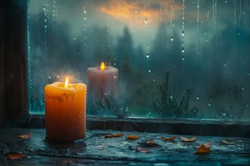 Warm candlelight and raindrops create a cozy atmosphere by the window during a rainy evening