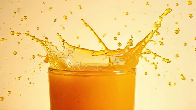 Orange juice pouring into a glass with splash against a light orange gradient background
