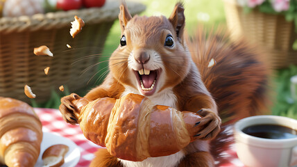 A cheerful squirrel holds a flaky croissant in its paws, grinning widely. The backdrop features a vibrant picnic scene with fruits, coffee, and woven baskets under sunlight.