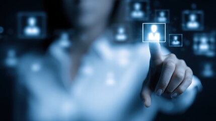 Fototapeta premium Image of businesswoman pushing icon on media screen, no logos, no brands