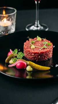 Gourmet steak tartare appetizer served on a black plate with pickles and red wine in a fine dining restaurant.