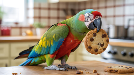 A vibrant parrot holds a cookie in its beak while perched on a kitchen countertop. The warm atmosphere is enhanced by natural light and homey decor, creating a playful moment.