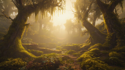 Enchanted woodland scene with mossy trees and golden mist, backlit glow and shallow depth