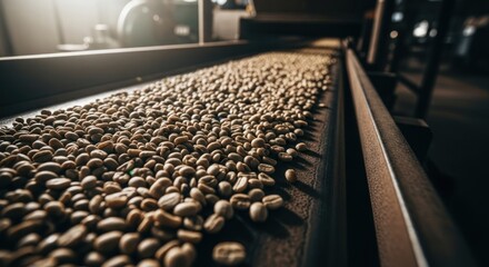 Fototapeta premium Coffee beans on a conveyor belt in a processing facility