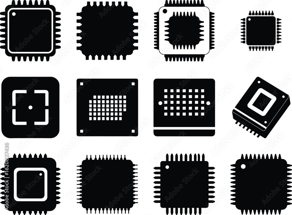 Poster microchip & integrated circuit icons: computer processor units