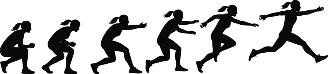 Title: Female Athlete Motion Sequence, Black Silhouettes of a Runner in Action, Vector for Sports, Fitness, and Progress Concepts