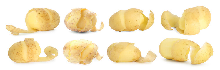 Fresh potatoes with peels isolated on white, set