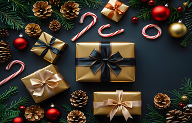 Christmas Gift Boxes with Ribbons Pine Cones Candy Canes Ornaments Holiday Decoration Flat Lay Festive Background Celebration Season