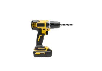 Yellow and black cordless drill with drill bit.