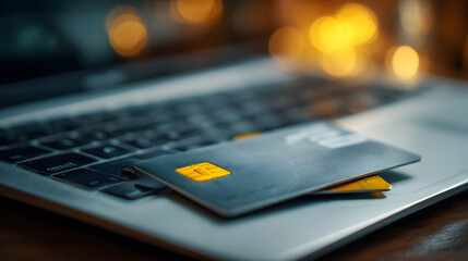 E-commerce and Secure Transactions: A credit card rests on a laptop, symbolizing safe online purchases and financial transactions. This image conveys the ease of shopping online