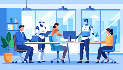 Robots and humans collaborate in a modern office meeting showcasing future workplace technology and teamwork