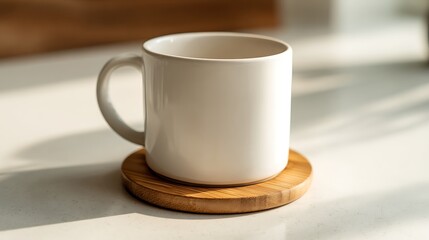 White Coffee Mug on Round Wood Coaster in Bright Sunlight