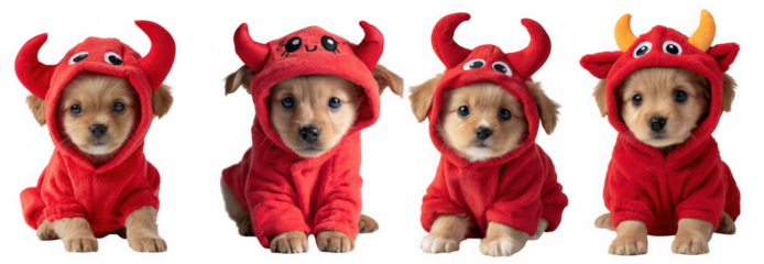 Four adorable puppies dressed in red devil costumes are sitting on a transparent background