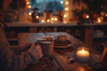 Warm winter scene with hands holding a mug, glowing candlelight, rustic wooden table, spices, and bokeh lights in a cozy home kitchen. Calm, comfort, and holiday mood.
