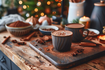 Two mugs of hot chocolate with cocoa powder, star anise, and cinnamon on a wooden table in a warm, festive kitchen. Glowing lights and cozy Christmas atmosphere in background...