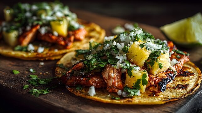 Exquisite Taco Delights: A mouthwatering display of perfectly grilled tacos, each piled high with succulent meat, juicy pineapple chunks, fresh herbs, and a delicate sprinkle of cheese.