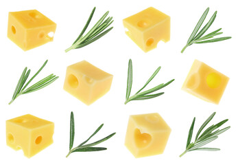 Cheese cubes and fresh rosemary isolated on white, set
