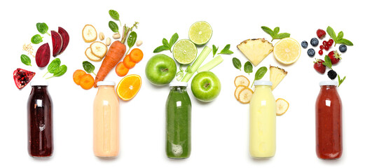 Superfood. Set of different smoothies in glass bottles and fresh ingredients isolated on white, top...