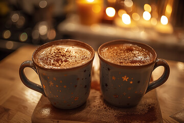 Two festive mugs filled with creamy hot chocolate topped with cinnamon, glowing warmly in candlelight. Cozy winter evening atmosphere with bokeh lights and wooden tabletop.