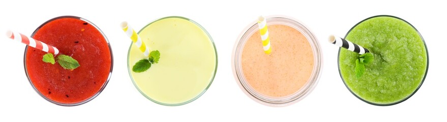 Superfood. Set of different smoothies in glasses isolated on white, top view