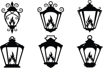  set of six vintage lanterns with burning flames, isolated on white background vector illustration