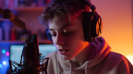 Voice Recording: A concentrated teenager records a captivating voice-over, with focused eyes, utilizing advanced audio recording equipment. Embracing the atmosphere of audio creative talent.
