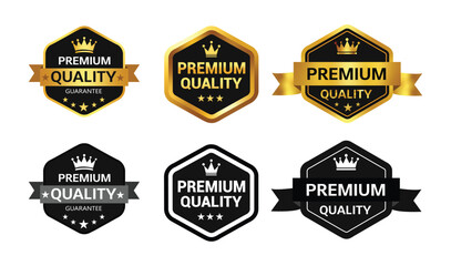 Obraz premium Premium quality badge set with crown and ribbon. Premium quality satisfaction guaranteed. Vector black and gold isolated on white with stars and crown.