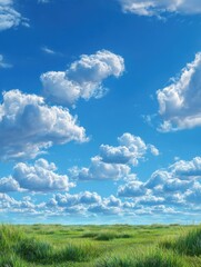 Fototapeta premium Summer blue sky, white clouds, and green grass, open natural scenery background
