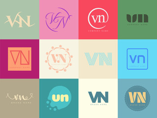 VN logo company template. Letter v and n logotype. Set different classic serif lettering and modern bold text with design elements. Initial font typography.