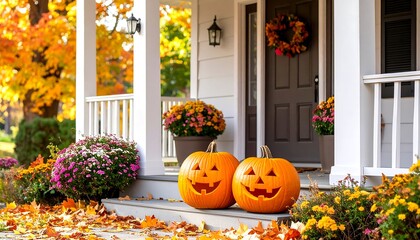 Obraz premium Autumn porch with jack-o'-lanterns