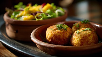 Delicious Feast: A tempting close-up of a vibrant culinary presentation, showcasing a delightful combination of fresh salad and golden, mouthwatering arancini.
