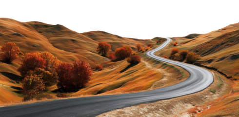 Curved asphalt road winding through rolling hills with autumn foliage and golden grassland, isolated on transparent background