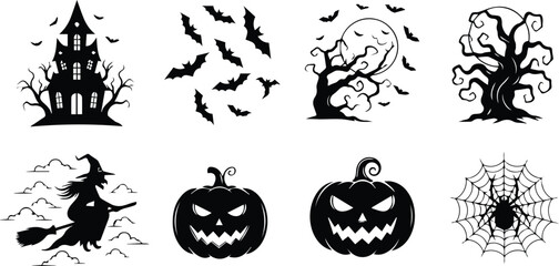 halloween icons silhouette isolated on white background featuring haunted house witch bats pumpkins spider vector illustration
