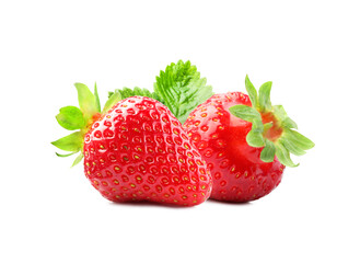 Fresh juicy strawberries and green leaf isolated on white