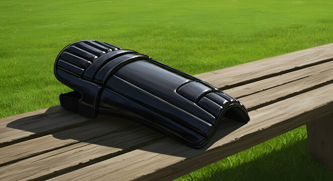 Black soccer shin guard resting on a wooden park bench outdoors in a grassy field. Athletic protective equipment for a soccer player in a park setting.