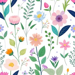Delicate floral pattern with various blooming flowers and green leaves on a white background, seamless illustration