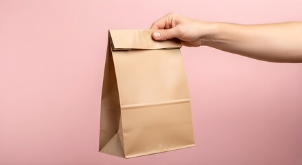 A hand holding a closed brown paper lunch bag against a light pink background in a studio shot on transparent background