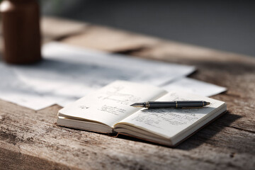 Obraz premium Open notebook with ink pen on rustic wood. Concept of writing, planning, or brainstorming. Evokes creativity, focus, and the power of ideas. Great for blogs, articles, or social media.