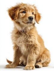 Fototapeta premium A fluffy golden retriever puppy sitting on a white background wagging it tail, AI Generated