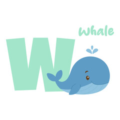 Whale letter w alphabet animal illustration for children learning. Cute blue cartoon whale with water splash. Alphabet flashcard. Whale drawing.