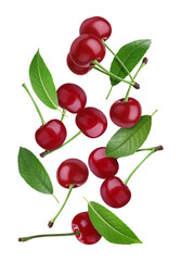 Fresh juicy cherries and green leaves flying against white background