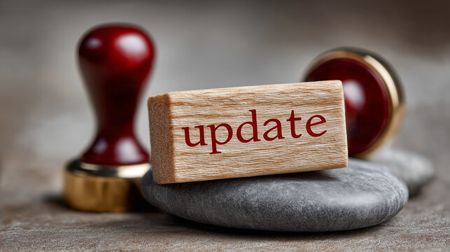 Wooden stamp with update in red ink illuminated by soft light